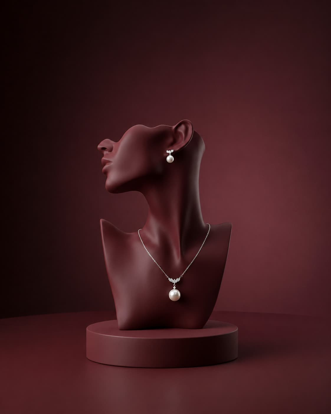 Auryse silver pearl pendant necklace and matching earrings jewellery set displayed on an elegant burgundy mannequin stand