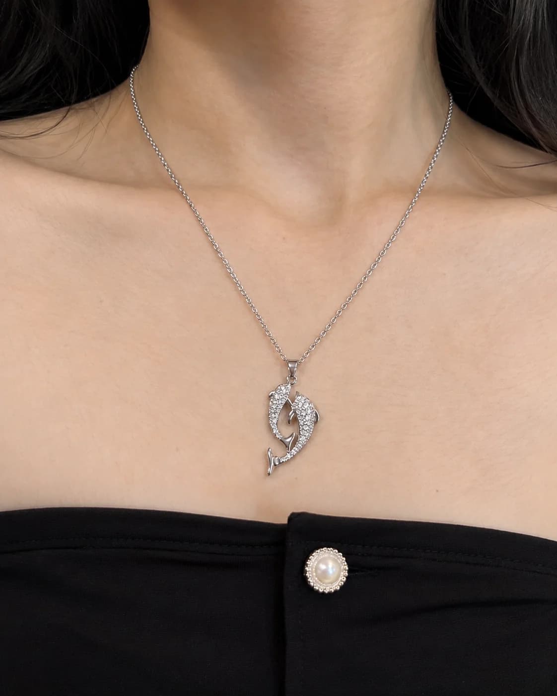 Pavé Dolphin Pendant Necklace - Silver